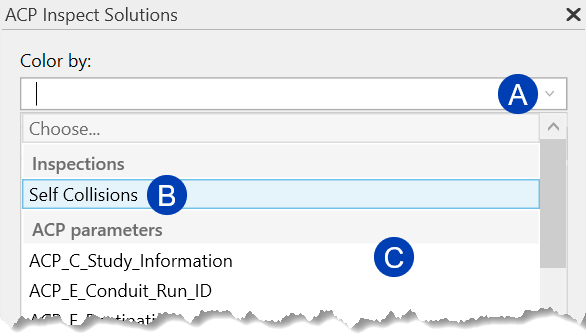 Dropdown menu for selecting inspections and ACP parameters in ACP Inspect Solutions software.